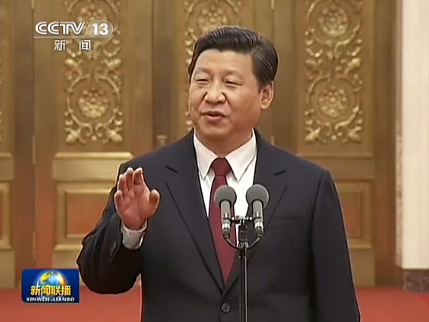 Xi Jinping delivers speaks to space scientists and engineers at the Great Hall of the People in Beijing, on Monday. Screenshot from CCTV