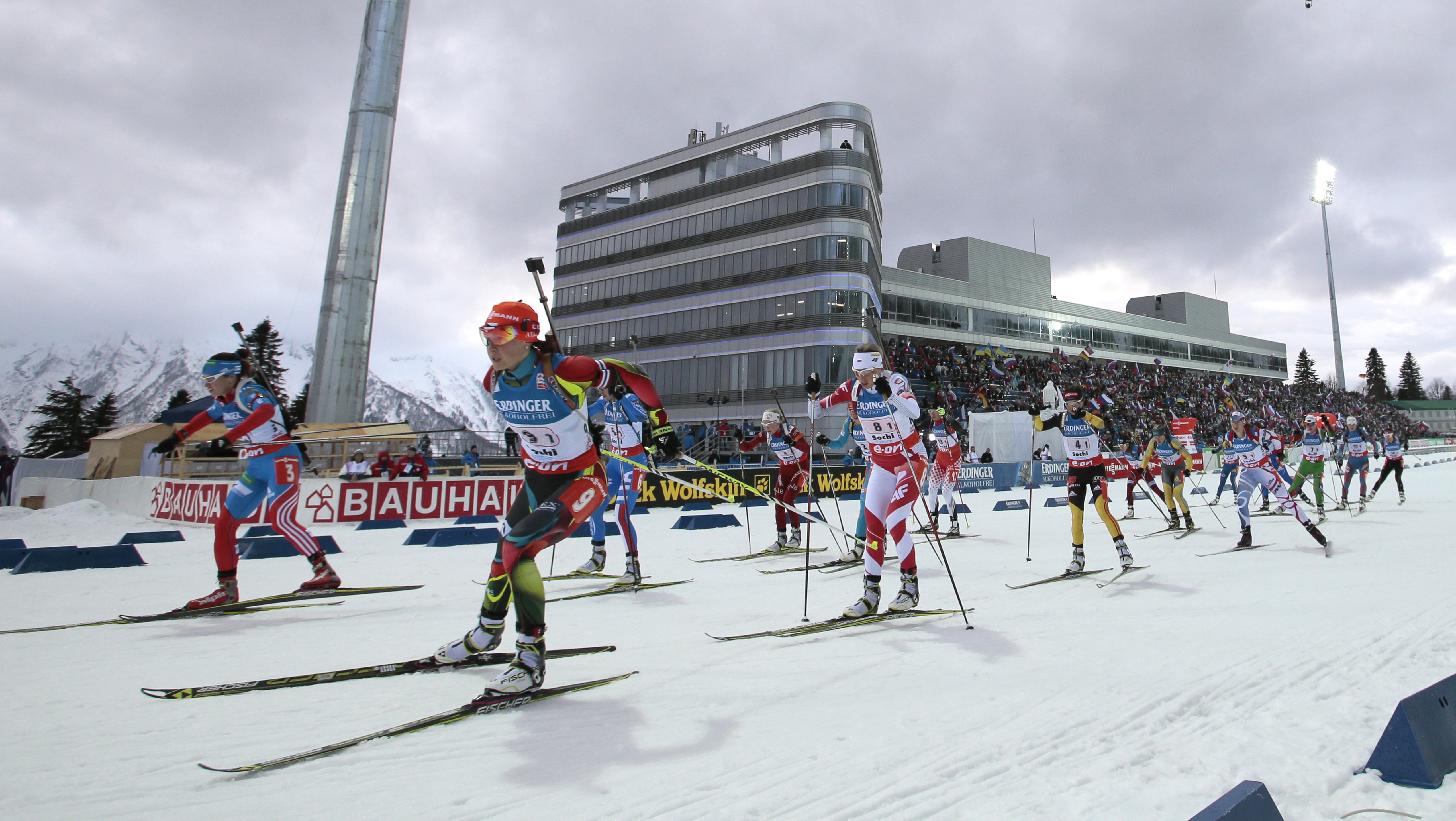 In a 2013 file photo, competitors race during the women's 4x6km World Cup Biathlon relay race at the Laura biathlon stadium in Sochi, Russia. Photo:AP