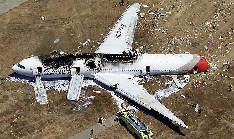 The wreckage of Asiana Flight 214 lies on the ground after it crashed at the San Francisco International Airport in San Francisco on July 6, 2013. Photo: AP