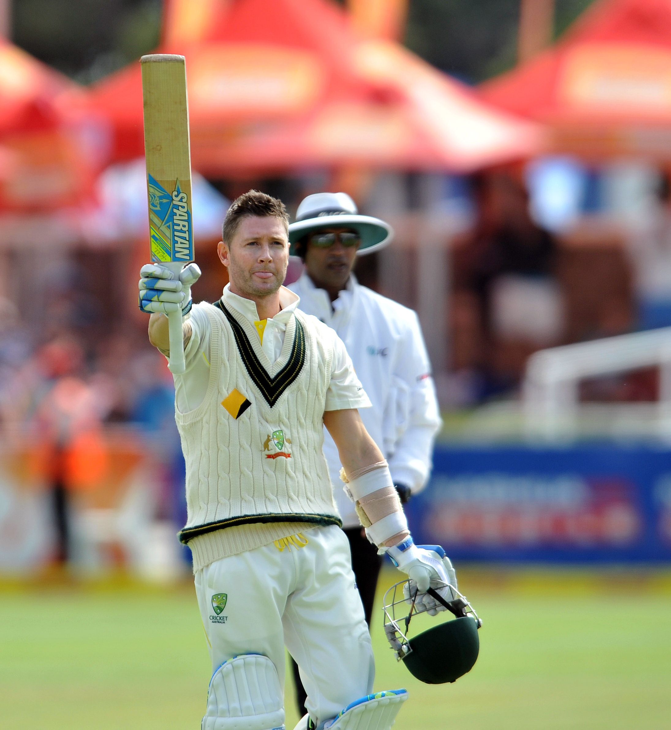 Australia's captain Michael Clarke gestures after reaching his century on the second day of the third test match against South Africa at Newlands. Photo: AFP