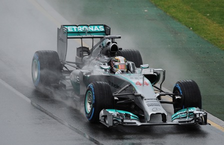 Mercedes' Lewis Hamilton of Britain on his way to pole position in Saturday's rain-hit qualifying session. Photo: AP