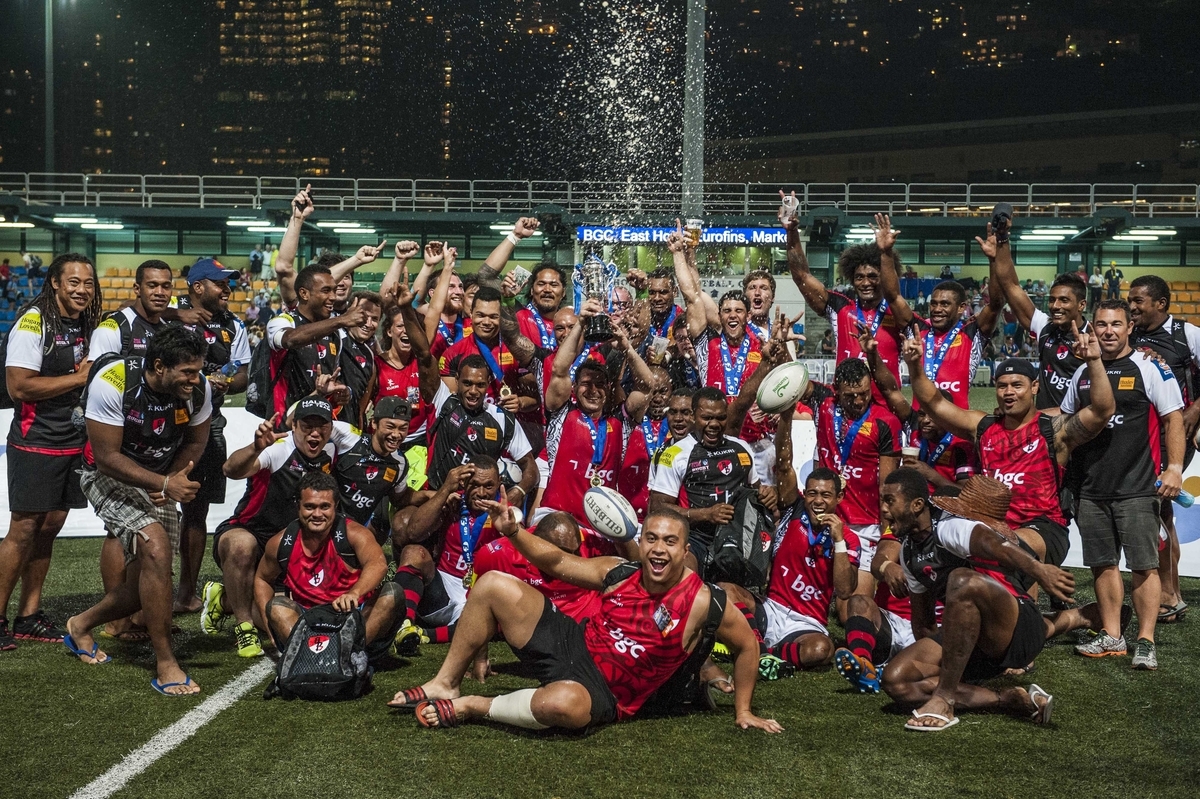 BGC Dragons celebrate their GFI HKFC Tens victory with the Carinat Dragons. Photos: SCMP Pictures     