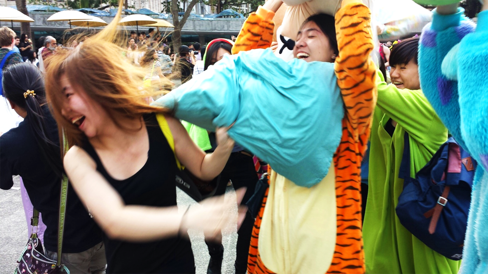 Hong Kong's annual Pillow Fight Day attracted hundreds on Saturday. Photo: SCMP 