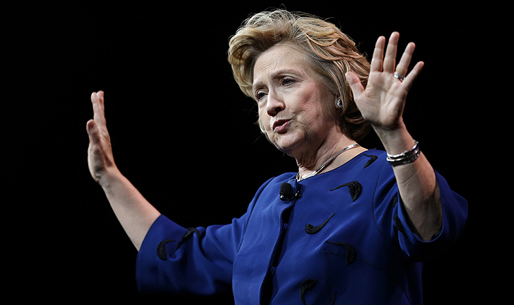 Hillary Clinton gestures while delivering the keynote address at Marketo’s 2014 Marketing Nation Summit in San Francisco on Tuesday. Photo: AP