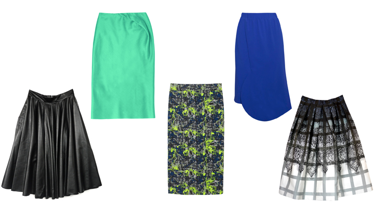 From top, left to right: teal pencil skirt (HK$990) from Cos; Johanna Ho midblue skirt (HK$1,380); Erbert Chong black A-line skirt (HK$2,040); Madelene printed skirt (HK$180) from Monki; Tibi lace plaid skirt (HK$3,890).