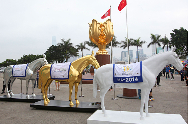 To mark the celebration of Hong Kong is hosting the 35th Asian Racing Conference, three life size horse statues are pictured at Hong Kong popular landmark the Golden Bauhinia Square and Hong Kong Convention & Exhibition Centre as background.