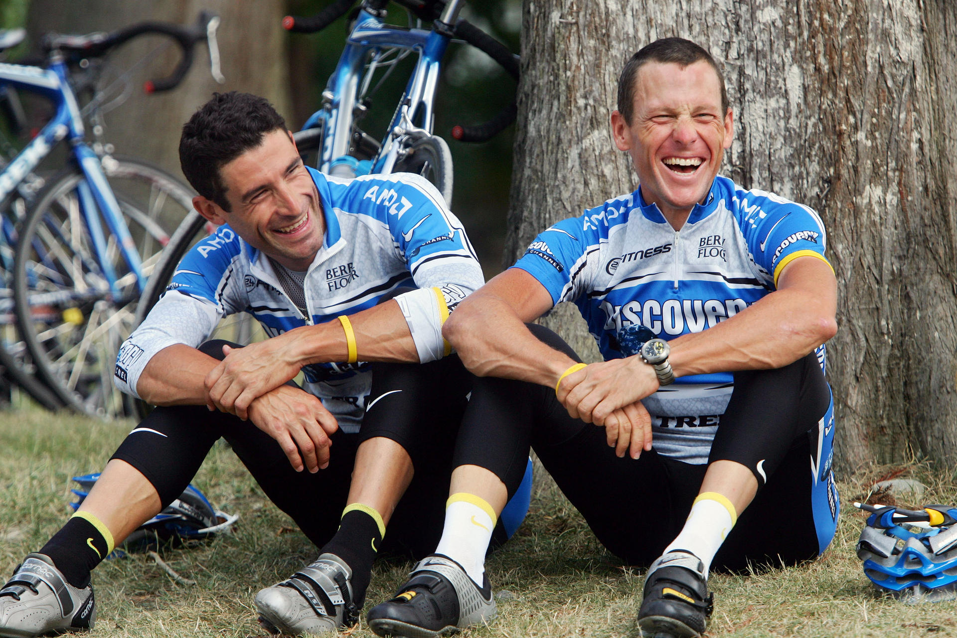 George Hincapie and Lance Armstrong share a joke between stages of the 2005 Tour de France. Photo: AP 