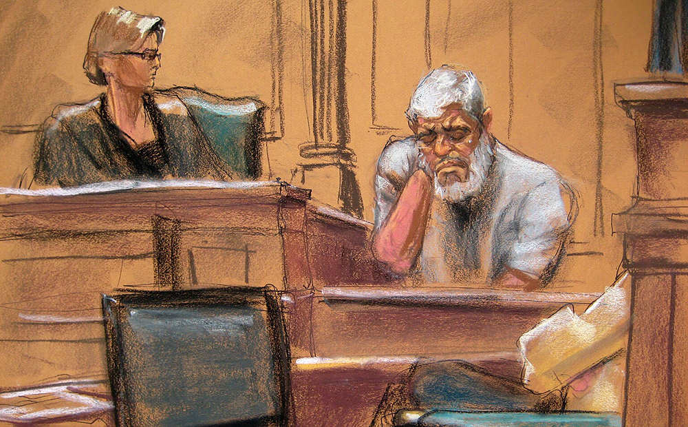 Abu Hamza, the radical Islamist cleric facing US terrorism charges, gets emotional while giving testimony as Judge Katherine Forrest looks on in this artist's sketch. Photo: Reuters