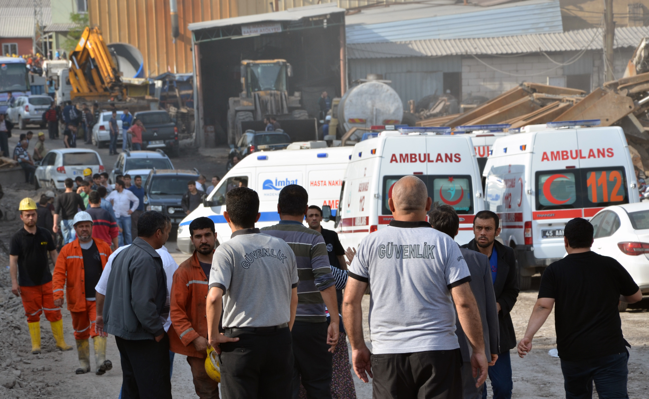 Rescue workers and ambulances at the entrance of a coal mine in Soma, western Turkey, after an explosion took place. Photo: AP