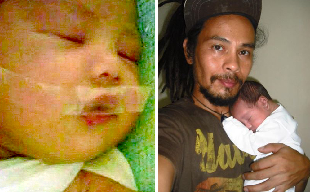 Photos of the baby with a tape over its mouth (left) and after he was brought home 'safe and sound' by his parents Ryan Noval (above) and Jasmine Badocdoc. Photos: Facebook