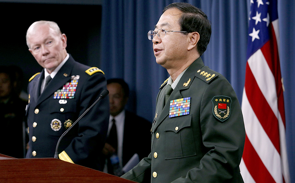 Chief of the General Staff of the Chinese People's Liberation Army General Fang Fenghui holds a joint news conference with Chairman of the US Joint Chiefs of Staff General Martin Dempsey on Friday. Photo: Reuters