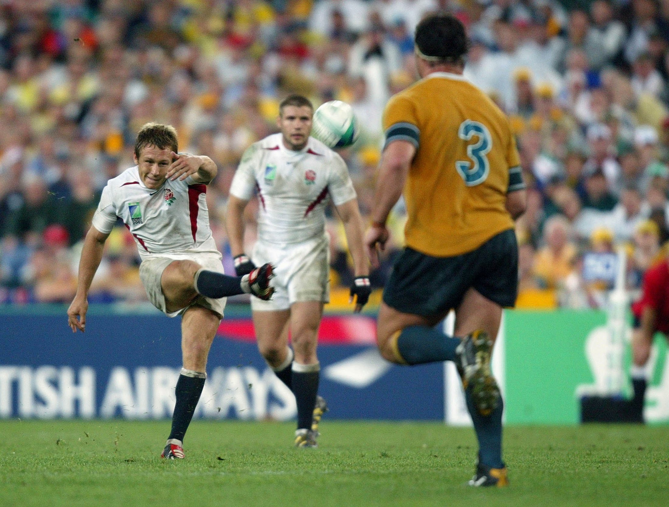 England’s Jonny Wilkinson kicks the winning drop goal against Australia in the Rugby World Cup final in Sydney in 2003. England won 20-17 after 20 minutes of extra time. Photo: AP