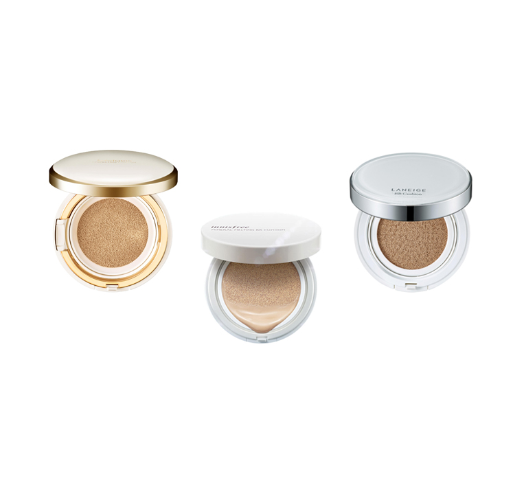 From left: Sulwhasoo Evenfair Perfecting Cushion, Innisfree Mineral Melting BB Cushion and Laneige BB Cushion