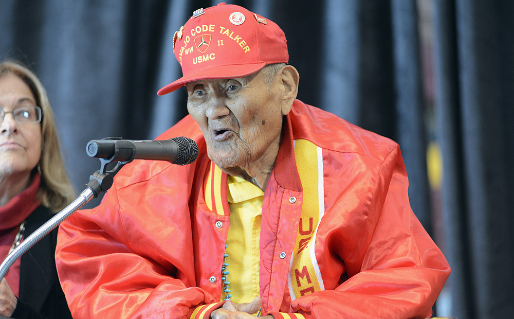 Chester Nez, the last Navajo Code Talkers, who died on Wednesday, speaks at the Santa Fe Indian School Pueblo Pavilion, New Mexico in November 2013. Photo: AP