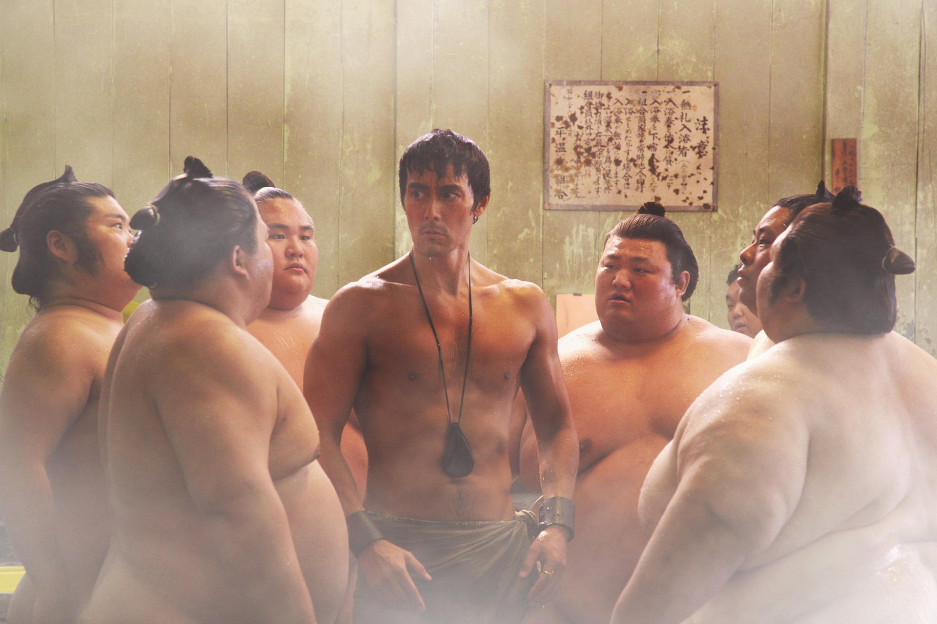 Back in hot water: Lucius Modestus (Hiroshi Abe) with sumo wrestlers in Thermae Romae II.