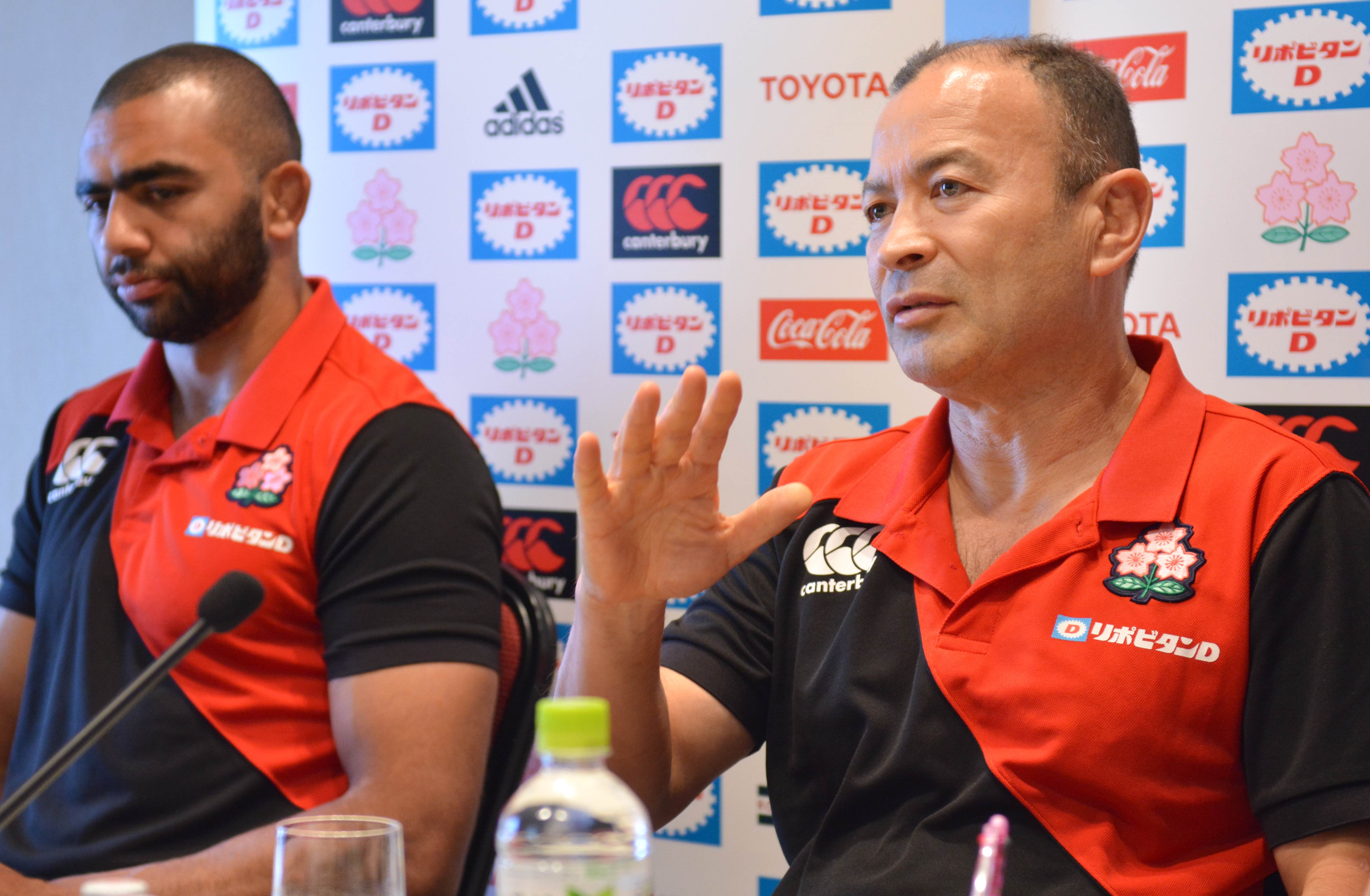 Japan coach Eddie Jones, flanked by captain Michael Leitch, says  the clash against Italy will be their toughest match of the year. Photo: AFP