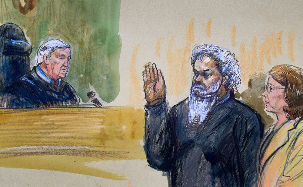 This artist's rendering shows US magistrate, Judge John Facciola, swearing in the defendant, Libyan militant Ahmed Abu Khatallah as his attorney Michelle Peterson looks on during a hearing at the federal court in Washington on Saturday. Photo: AP