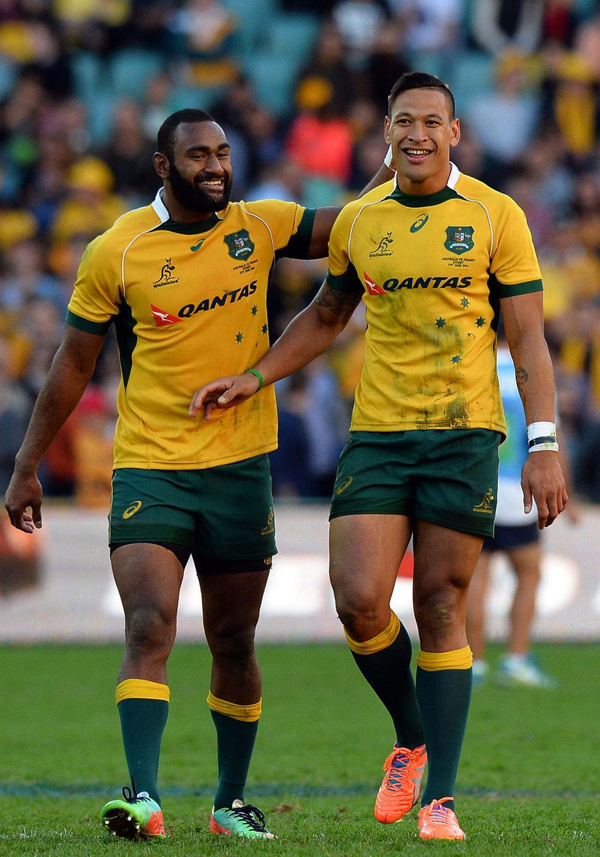 Wallabies Israel Folau and Tevita Kuridrani (left) in their match against France last month. Back on Super Rugby duty, Folau insists his Waratahs will have to watch out for Ben Smith. Photo: AFP