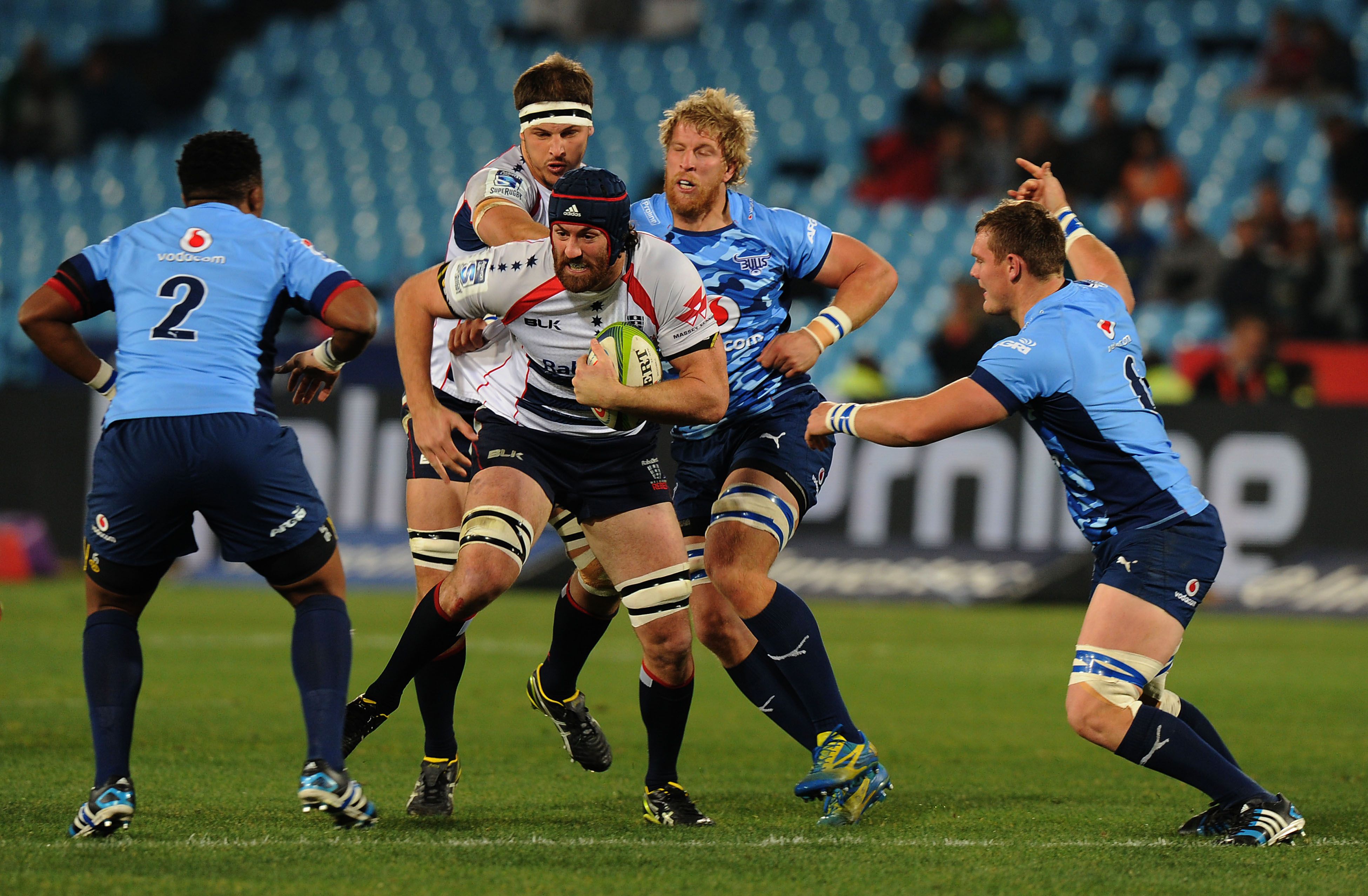 Caderyn Neville of the Melbourne Rebels tries to break through during their Super 15 match against the Bulls in Pretoria. The Bulls won 40-7. Photo: AFP