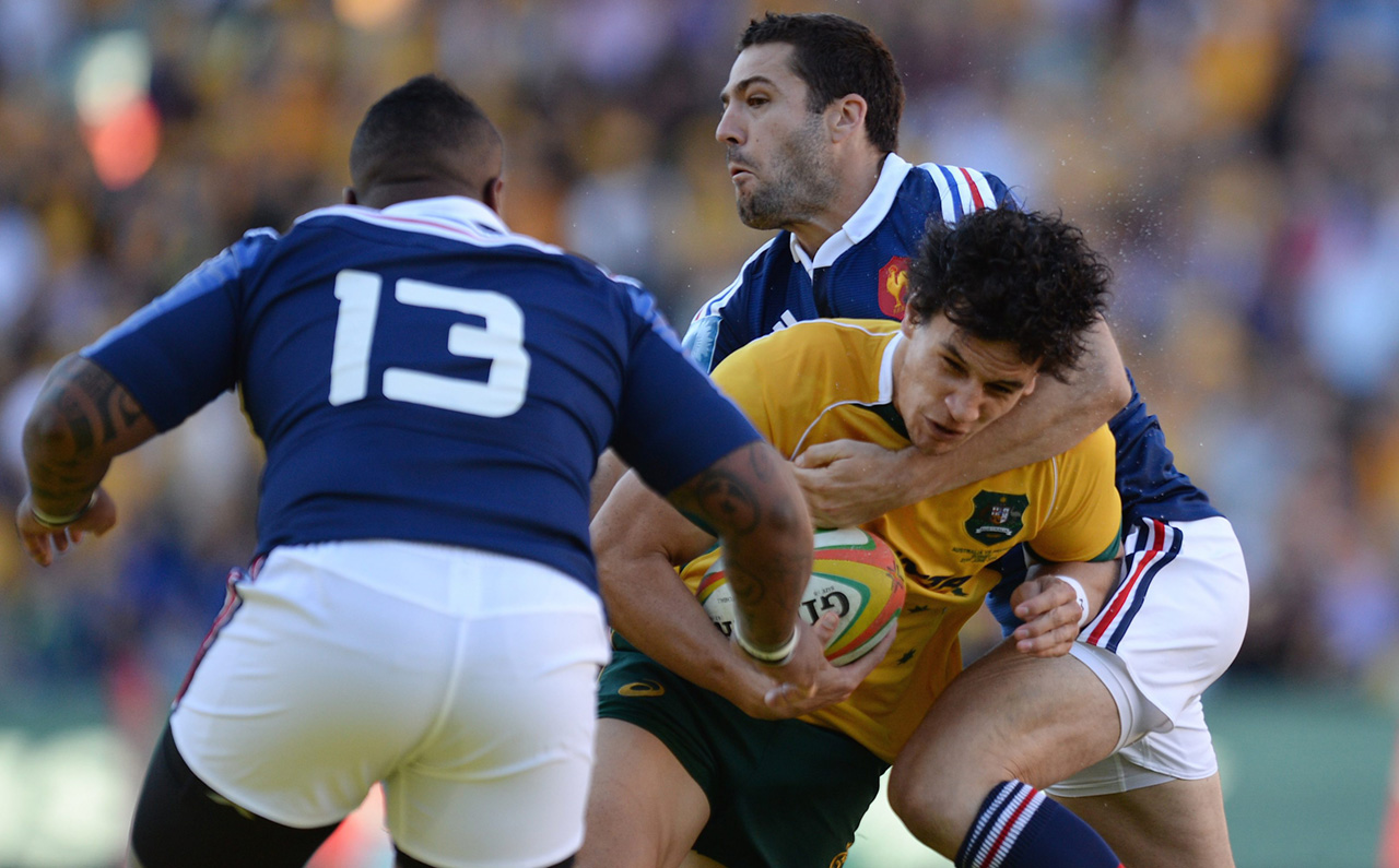Wallaby Matt Toomua, shown here leading the charge for Australia against France in June, scored a hat-trick of tries for the Brumbies against Western Force on Saturday. Photo: EPA
