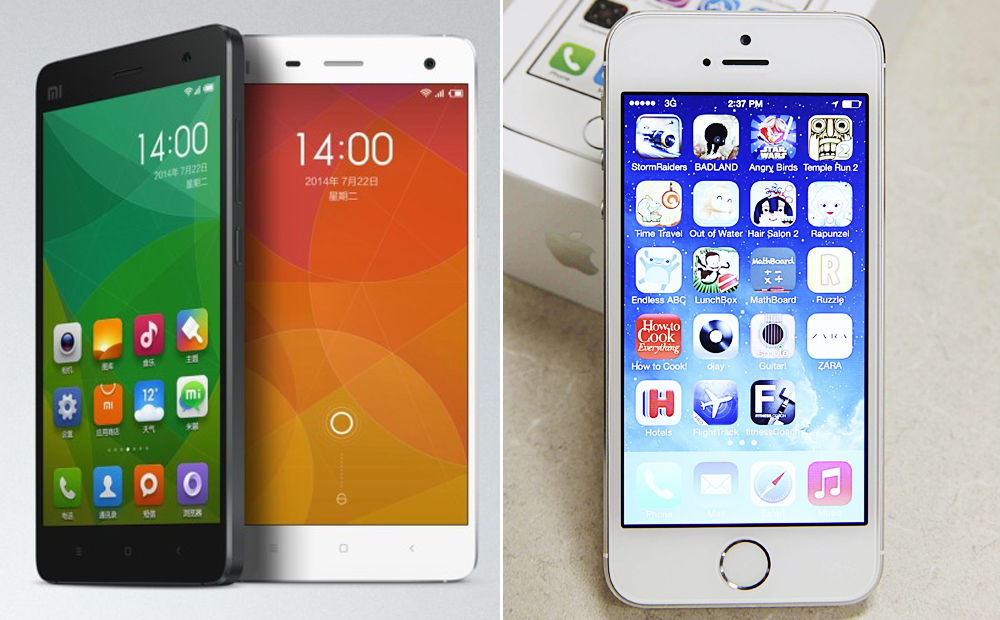 Xiaomi's Mi4 (left) versus Apple's iPhone 5 (right). Photo: SCMP Pictures