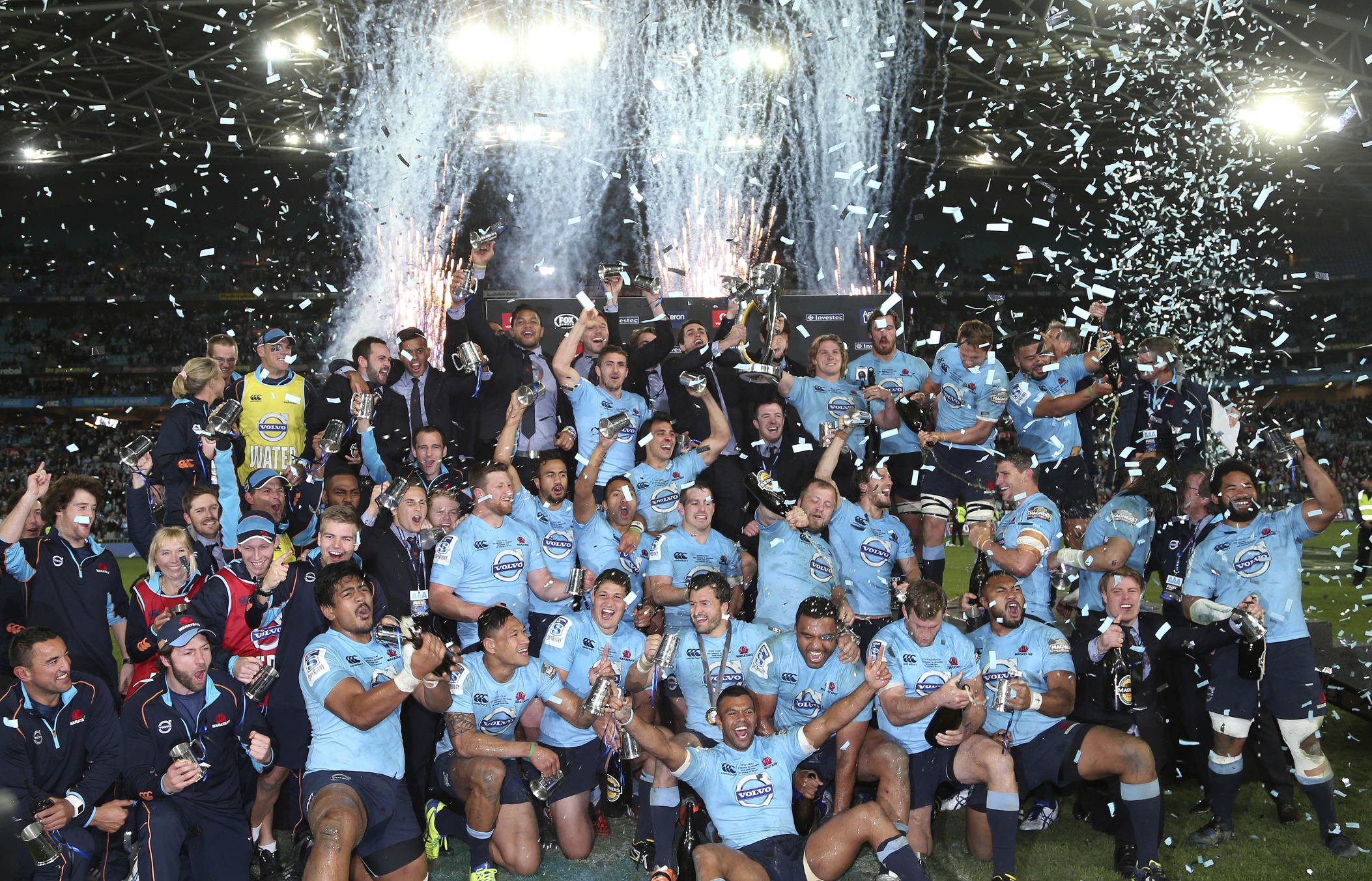 The Waratahs celebrate after defeating the Crusaders 33-32 in the Super Rugby final in Sydney. Photo: AP