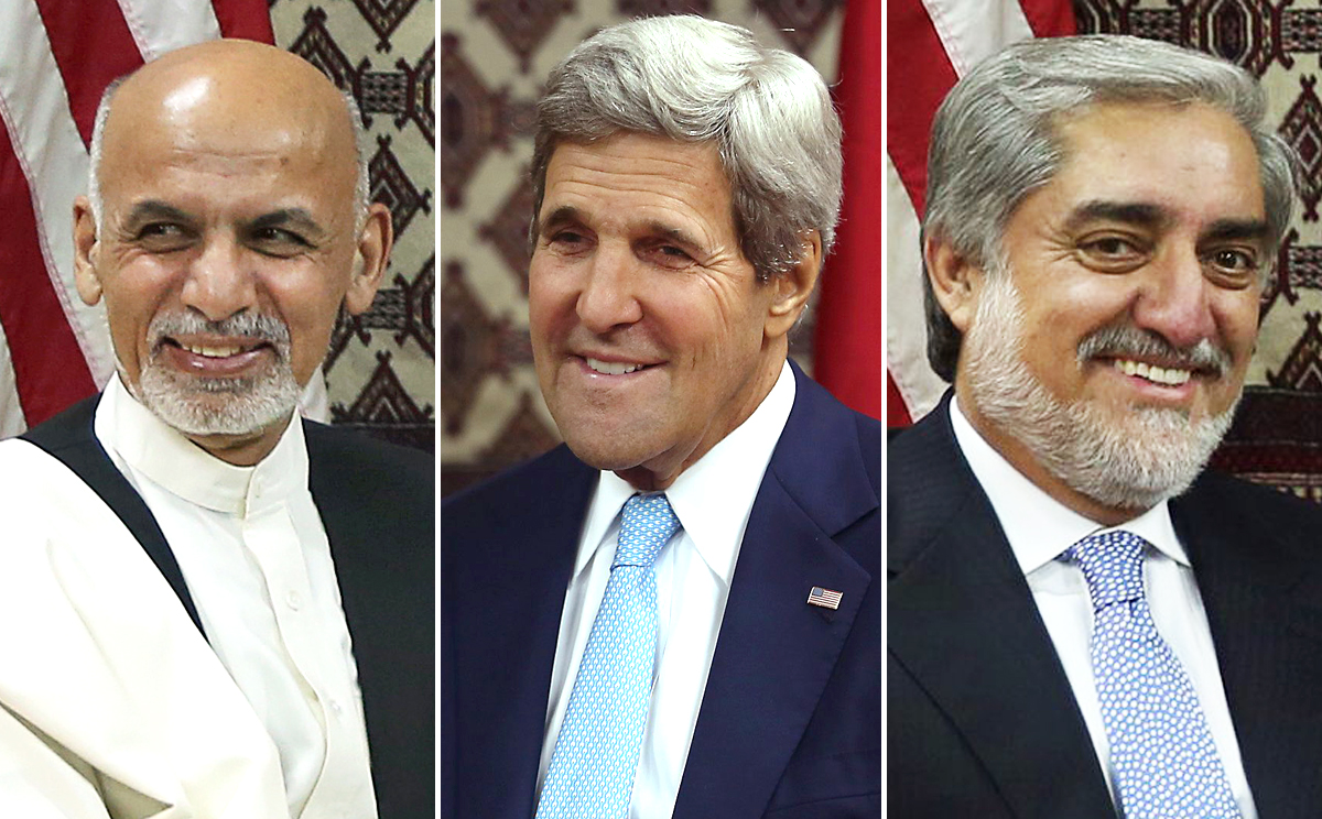 US Secretary of State John Kerry meets Afghan presidential candidates Ashraf Ghani (left) and Abdullah Abdullah (right) at the US embassy in Kabul. Photos: Reuters