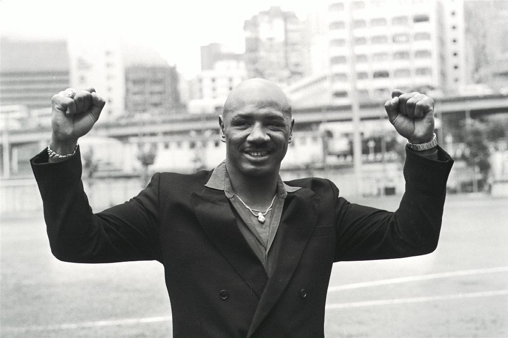Former world middleweight champion Marvelous Marvin Hagler shows the tools of his trade during a 1988 visit to Hong Kong. Photo: M Chan/SCMP