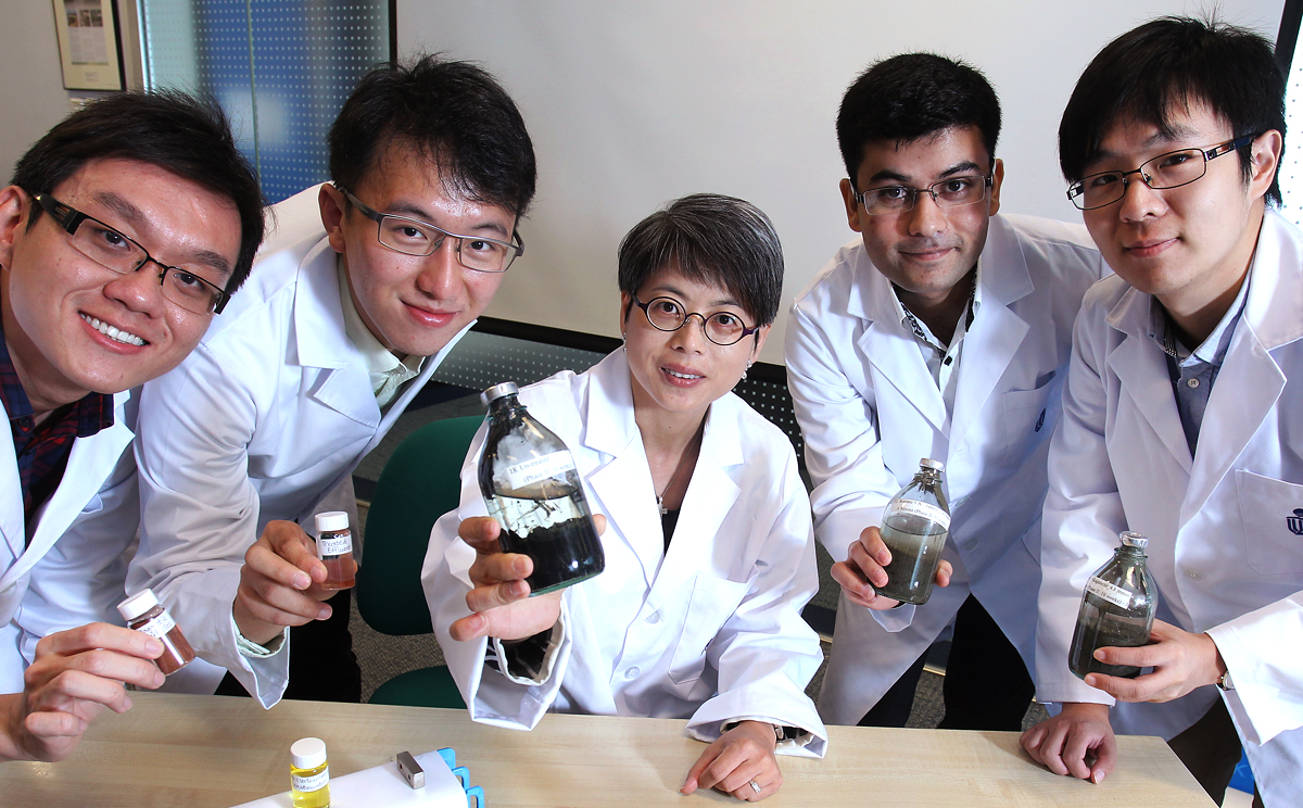 (From left) Vincent Woon Kok-sin; Jack Cheng Ying-kai; Department of Civil and Environmental Engineering Chairman, HKIE Environmental Division  Professor Irene Lo; Musharib Khan and Simon Zhang Zhen, poses during a press conference on Purifies River Sediment by Advanced Remediation Technologies at the HKUST. Photo: May Tse