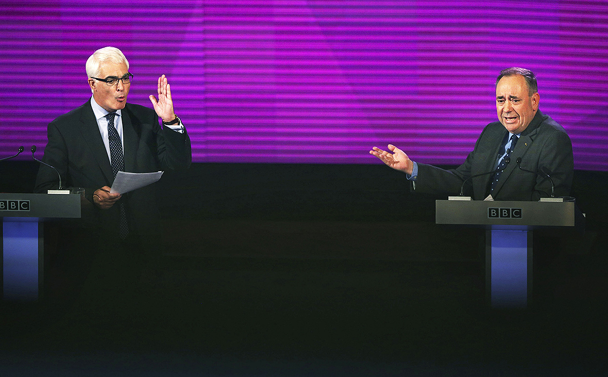 Salmond repeatedly interrupted Darling over the course of a scrappy hour-and-a-half debate. Photo: Reuters