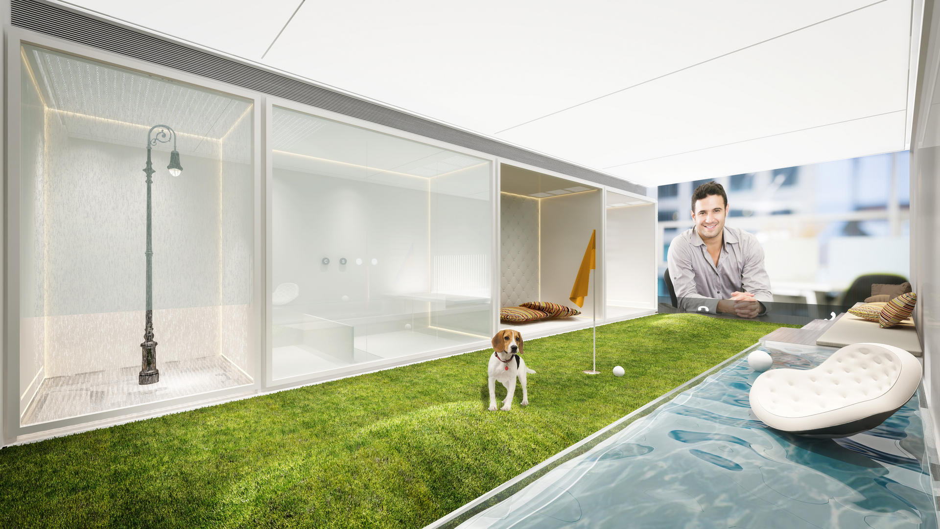 The ultimate luxury dog complex includes a mini-golf course, a swimming pool, a grooming booth, a gourmet booth, a potty box booth and sleeping quarters. Illustration: Alex Wong and 3D Shine Visual Design