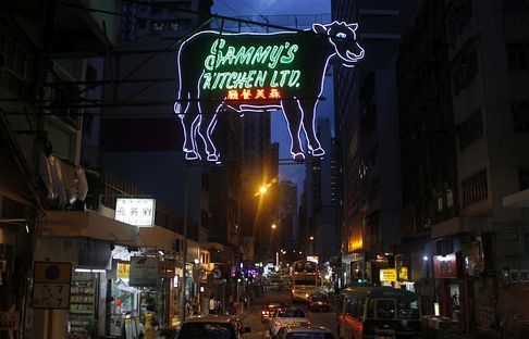 The giant neon cow sign of Sammy's Kitchen stretches across the road in Sai Ying Pun.