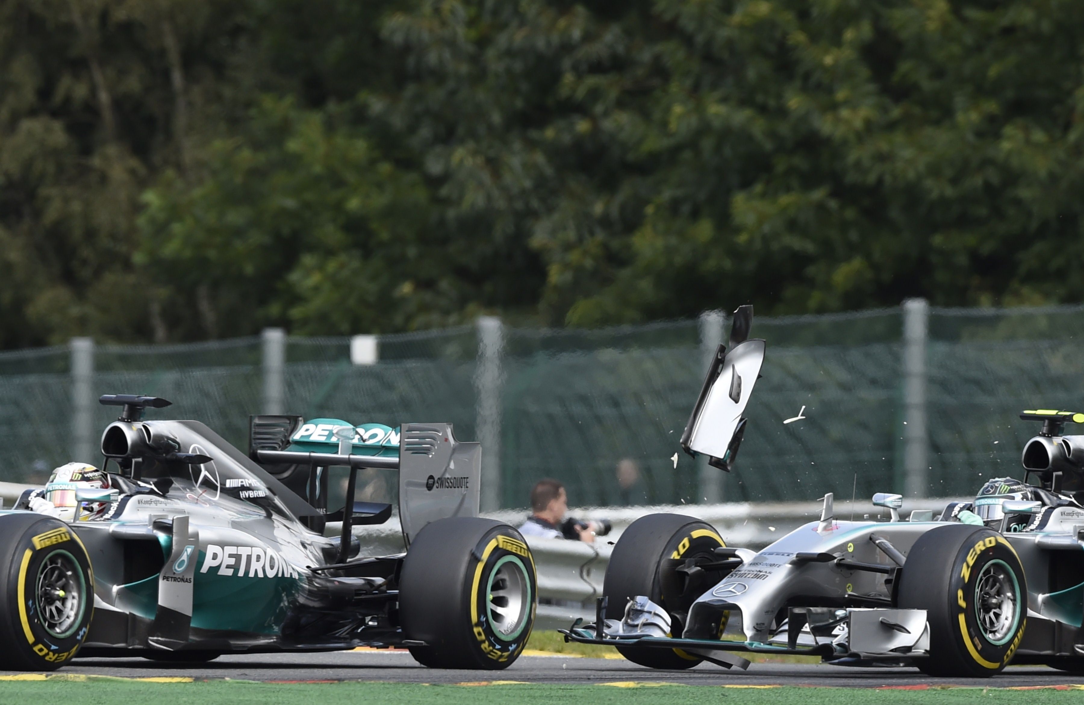 The simmering tension between Nico Rosberg and Lewis Hamilton spilled over into contact during the Belgium Grand Prix at the Spa-Francorchamps circuit. Rosberg accepted "responsibility" for the incident. Photo: AFP