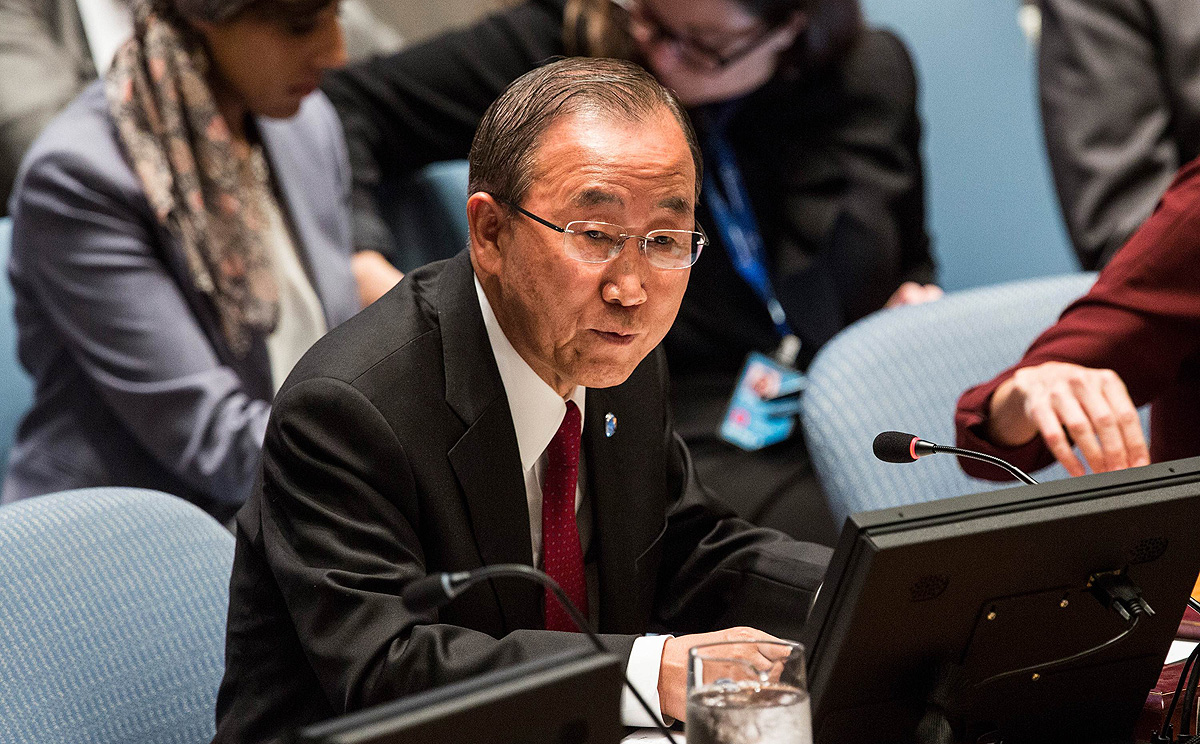United Nations Secretary General Ban Ki-Moon speaks at a Security Council meeting about the Ebola outbreak in West Africa on Thursday in New York. Photo: AFP