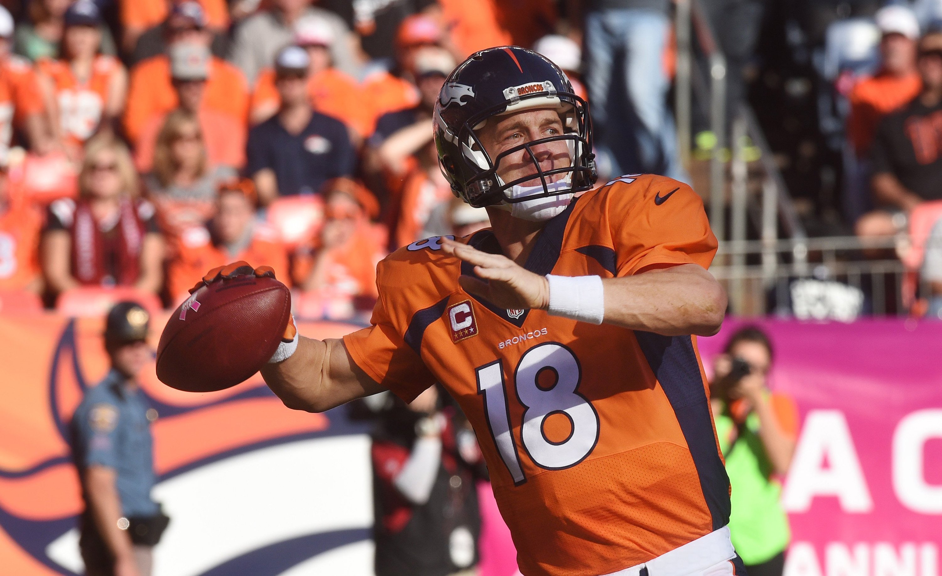 Denver Broncos quarterback Peyton Manning throws the ball during the third quarter of a game between the Denver Broncos and Arizona Cardinals on Sunday. Manning notched his 500th career touchdown pass in the game. Photo: MCT