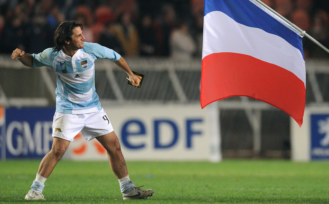 Former Argentina scrum-half and captain Agustin Pichot celebrates after the Pumas beat France in the RWC 2007 third-place match at the Parc des Princes in Paris. Photos: AFP