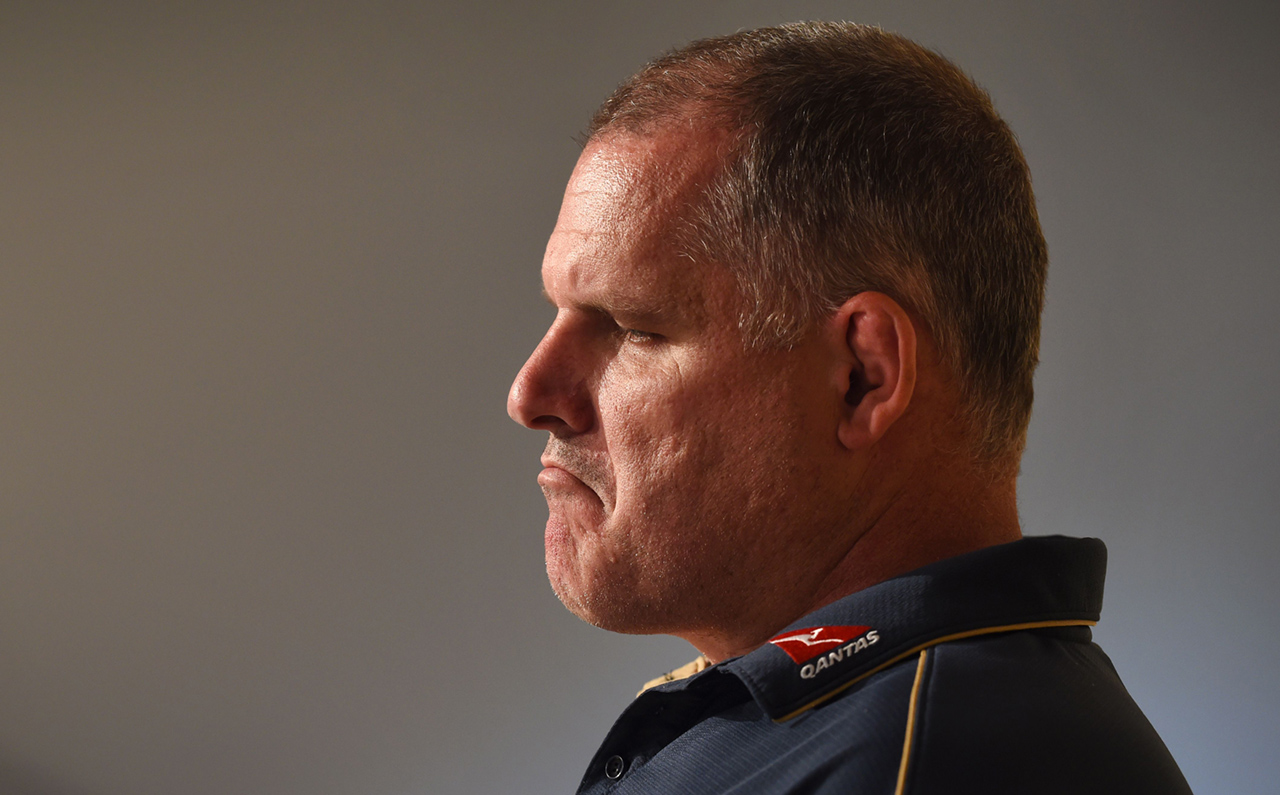 Beleaguered Australia coach Ewen McKenzie faces the media ahead of this weekend's third Bledisloe Cup test against New Zealand. Photos: AFP