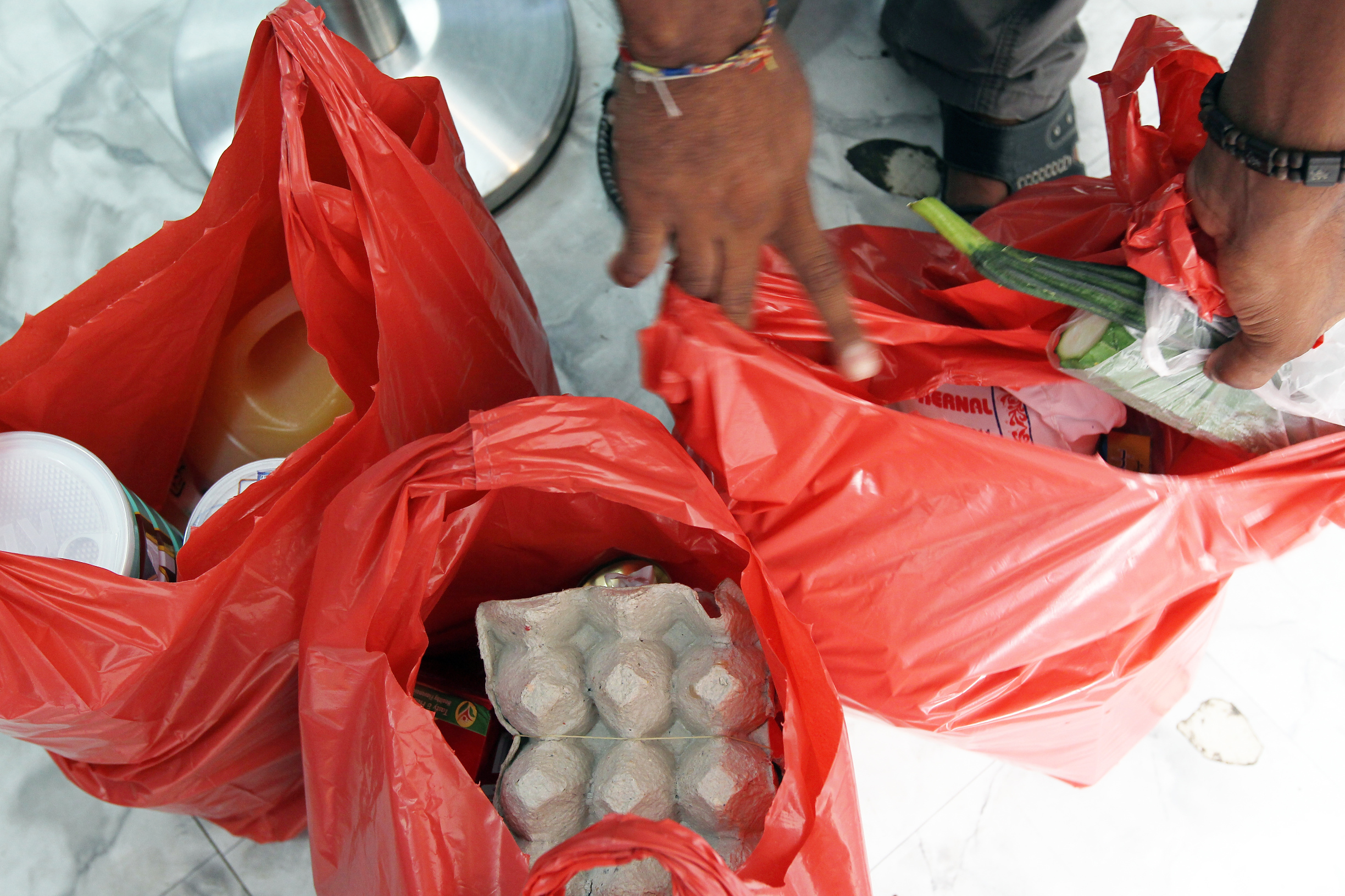 Prepackaged bags of food handed out refugees  in Hong Kong.