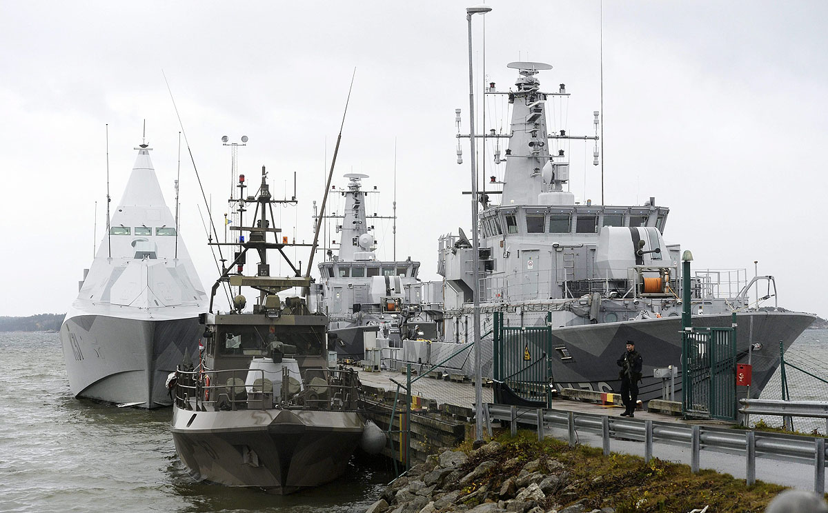 Swedish naval vessels lie moored at the jetty at Berga marine base outside Stockholm earlier this week. Photo: EPA