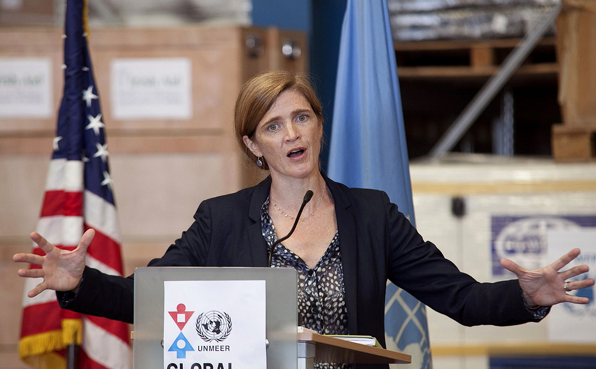 US Ambassador to the United Nations Samantha Power speaks following her visit to the UN Mission for Ebola Emergency Response in Accra, Ghana on Wednesday. Photo: AP