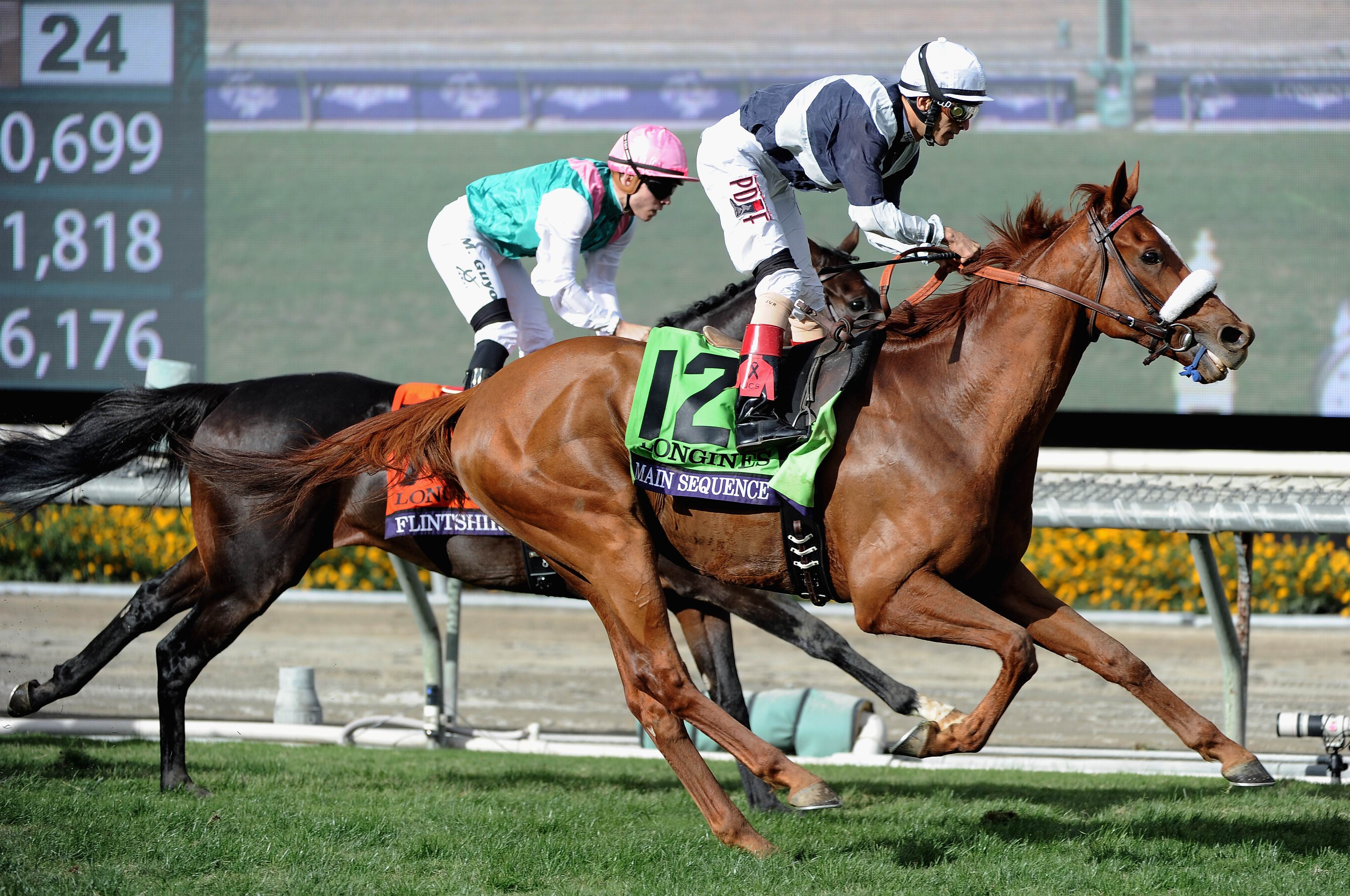 Main Sequence (John Velazquez) just holds Flintshire (Maxime Guyon) in the Breeders' Cup Turf. Photo: AFP/Getty Images