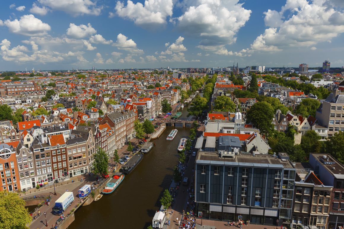 Views of Canal Prinsengracht and the Anne Frank House from the bell tower of the church Westerkerk.