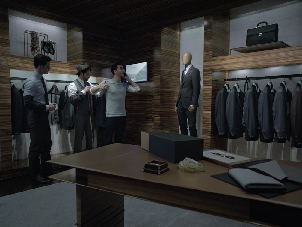 Young Ermenegildo Zegna travels to the present and takes the measurement for Stephen, implying that the brand essence and spirit has been well retained and carried forward to our time.