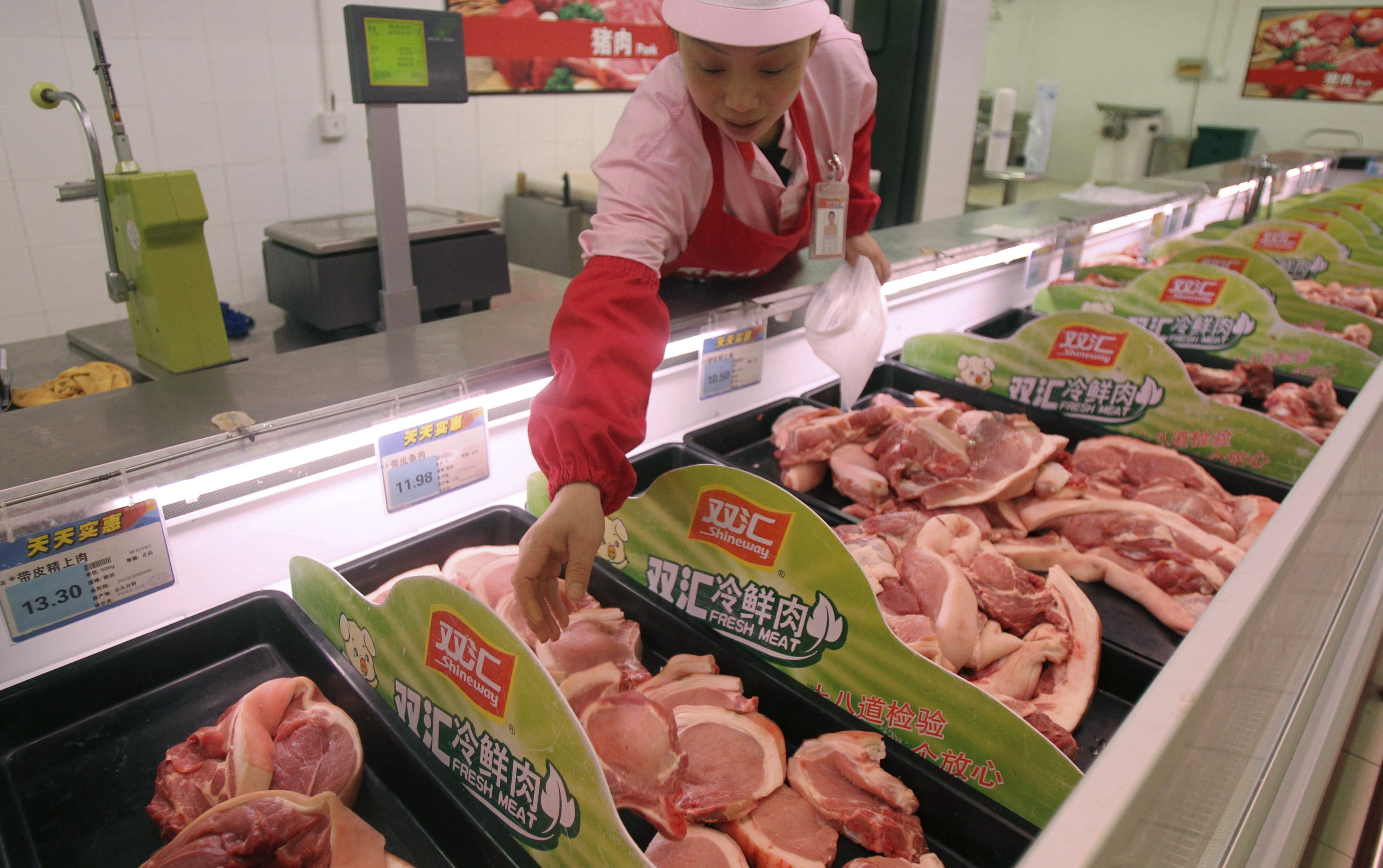 Meat being sold in Shuanghui as WH Group, the world's biggest pork producer, was added to the MSCI Hong Kong index. Photo: Reuters 