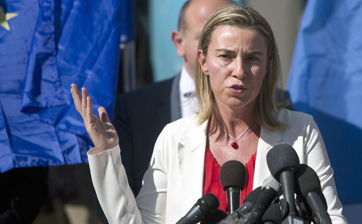 The European Union's foreign affairs chief Federica Mogherini speaks on Friday as she visits the UN-run Barhain boys school where displaced Palestinian families found refuge in Gaza City. Photo:   AFP
