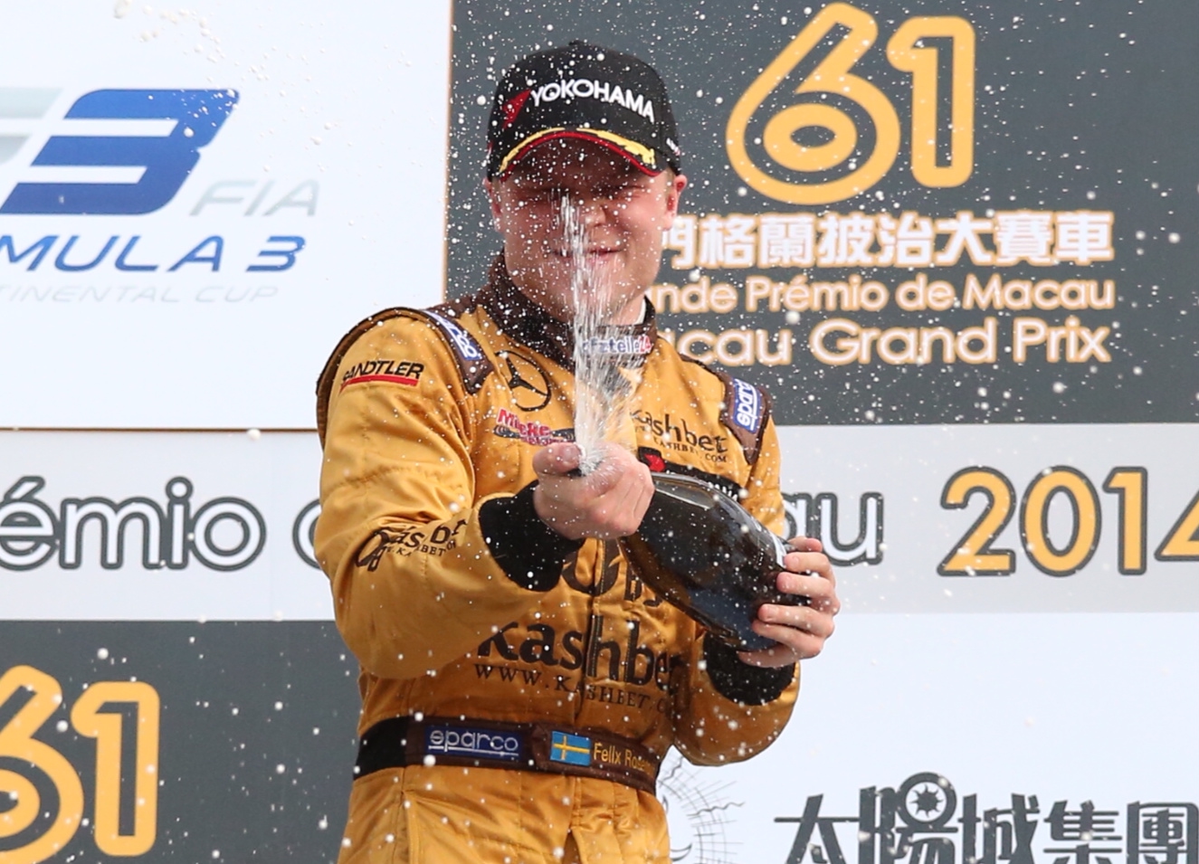 Felix Rosenqvist celebrates on the podium. Photo: KY Cheng