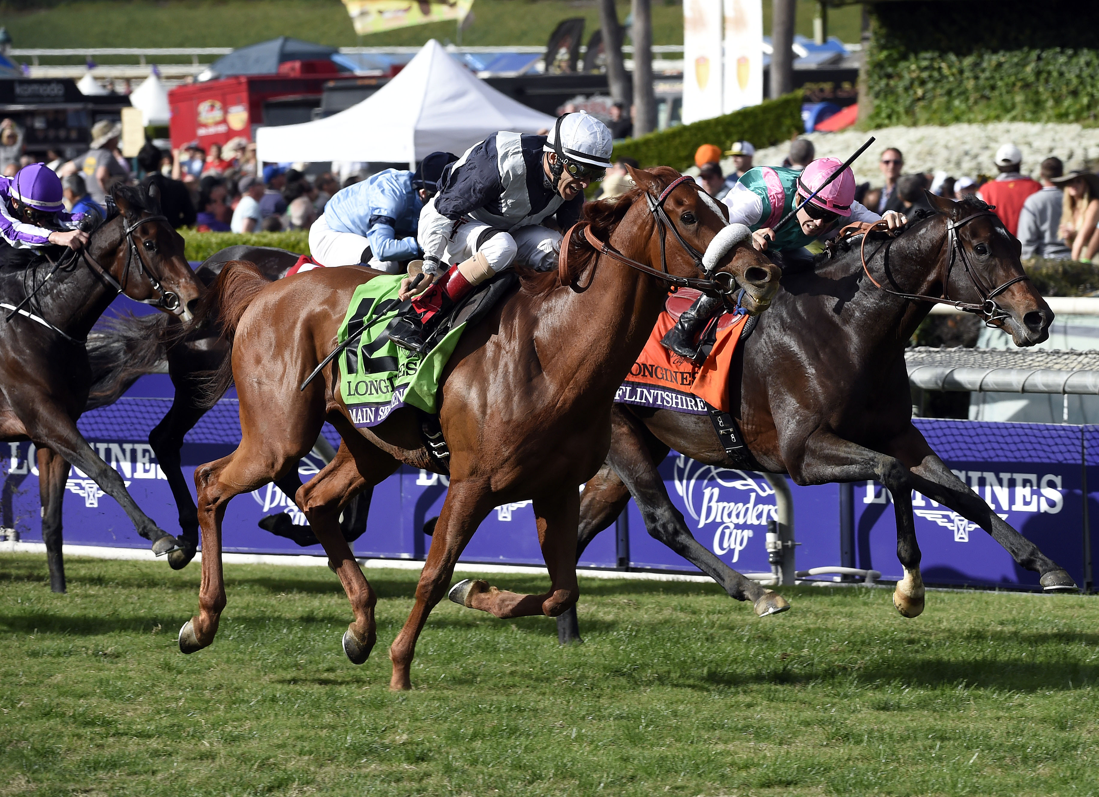 Flintshire (Maxime Guyon, pink cap) gets up on the inside to take second in the Breeders' Cup Turf earlier this month. Photo: USA Today Sports