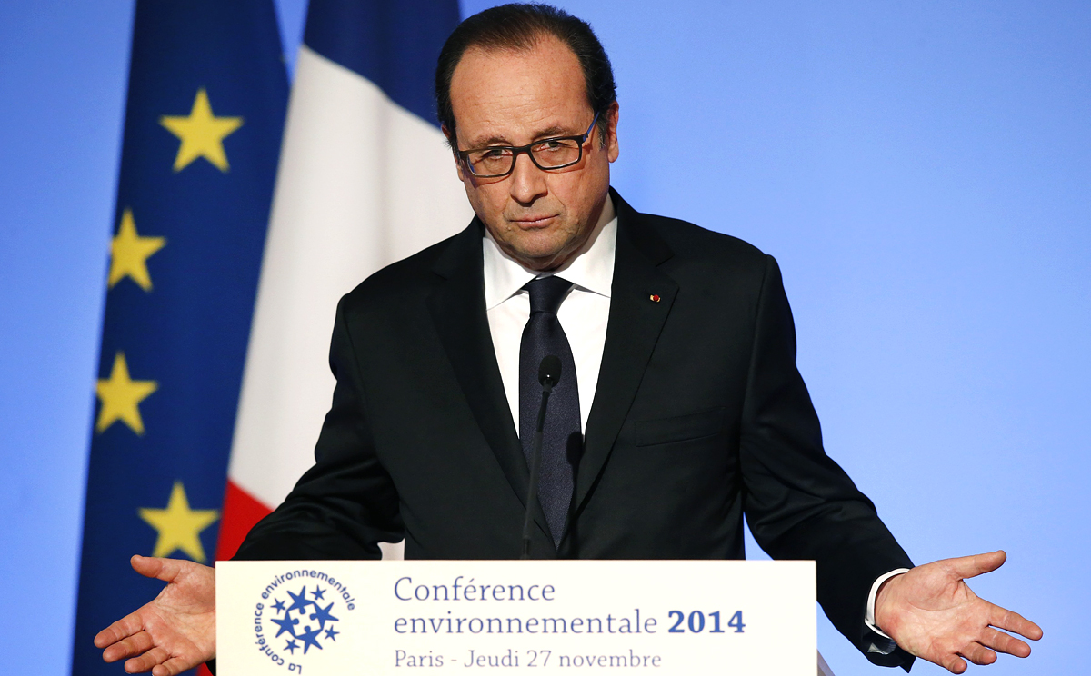French President Francois Hollande delivers his speech during the Environmental Conference at the Elysee Palace in Paris. Photo: Reuters