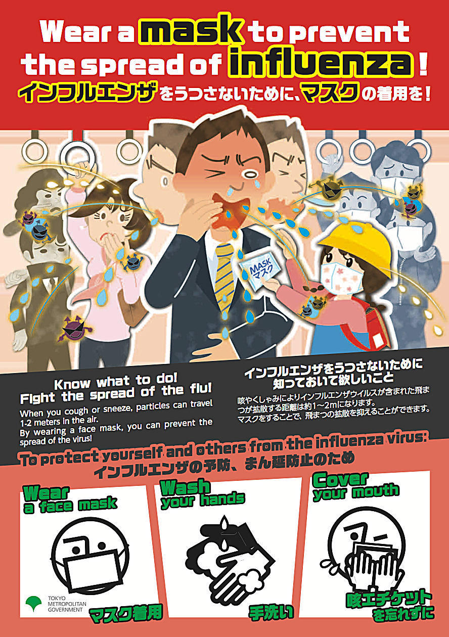 Posters in Japanese and English warn of the flu threat and set out ways to fight its spread.