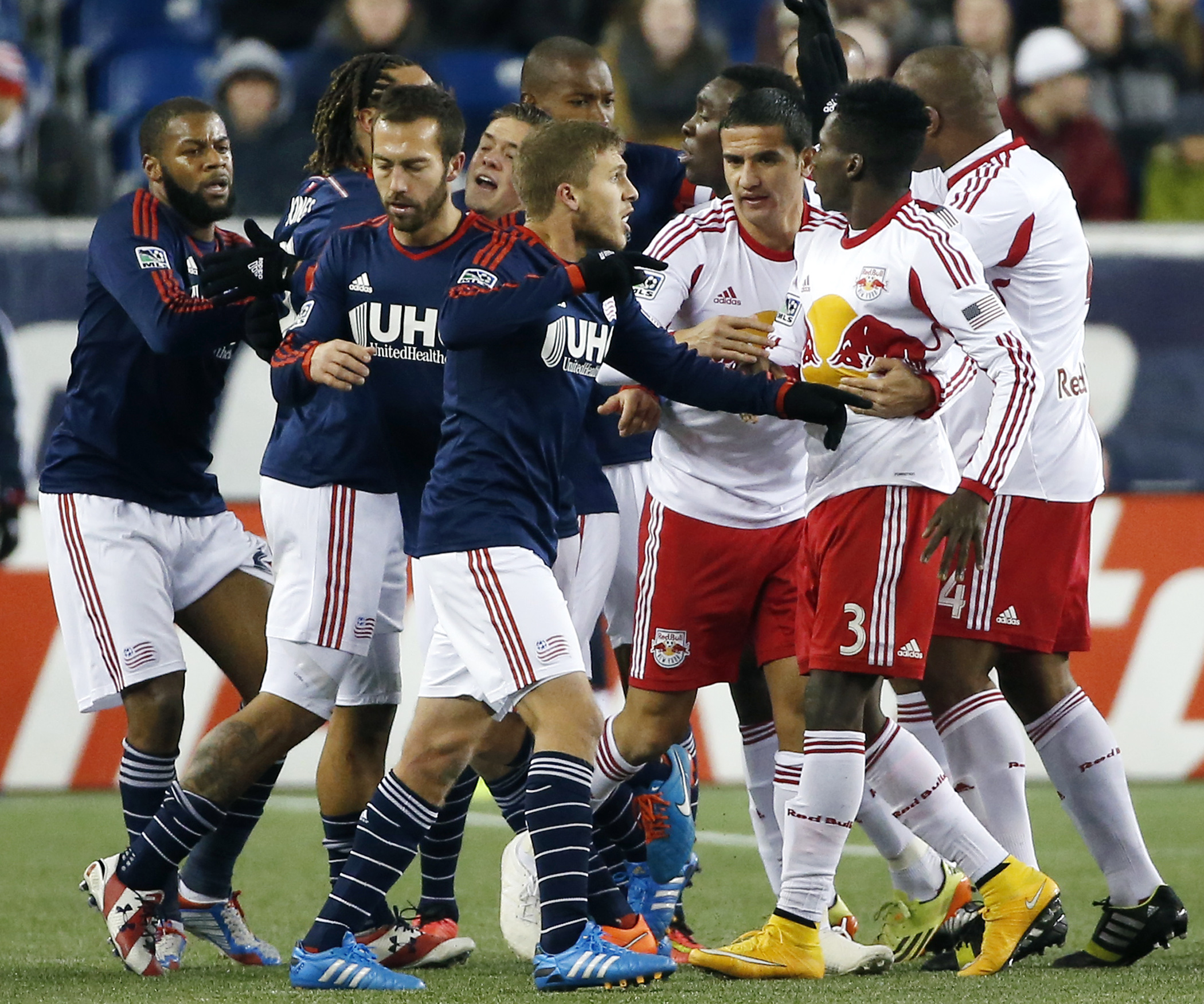 New England Revolution players scuffle with New York Red Bulls players in a classic case of "handbags". Photo: AP